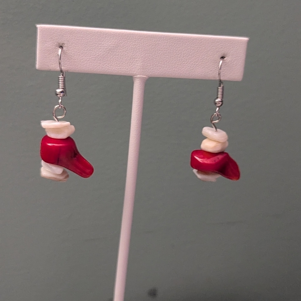 Red Coral Earrings Cream Dangle Drop Beachy Bohemian Shells Vacation Surfer Chic
